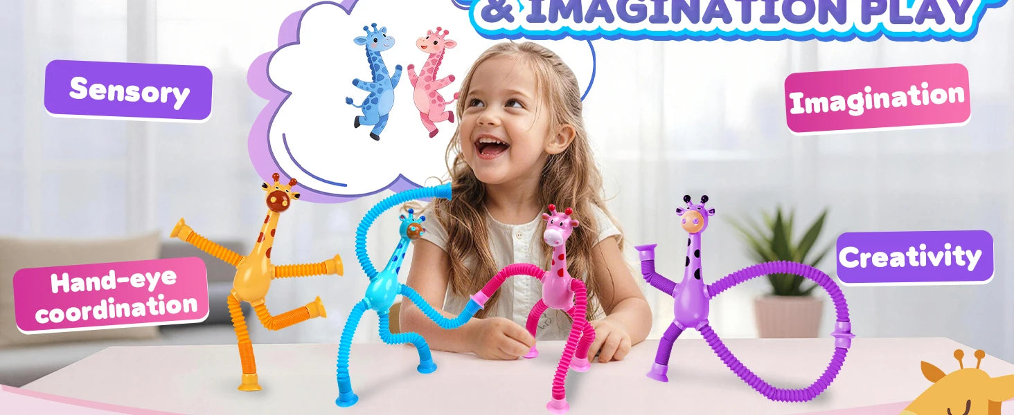 Giraffe Sensory Travel Toys 4Pcs Suction Airplane Autism Pop Tube Fidget Toys Autistic Easter Basket Stocking