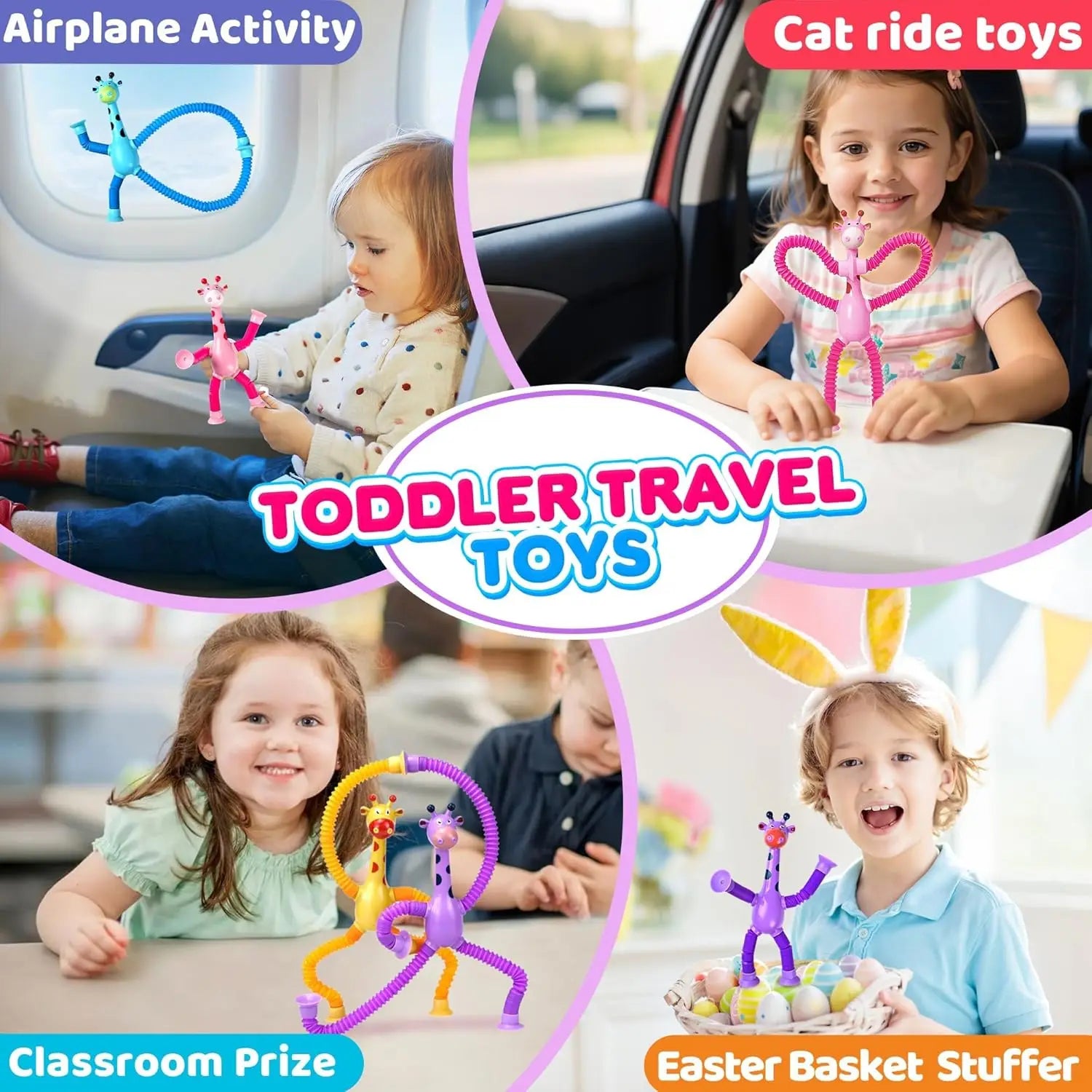 Giraffe Sensory Travel Toys 4Pcs Suction Airplane Autism Pop Tube Fidget Toys Autistic Easter Basket Stocking